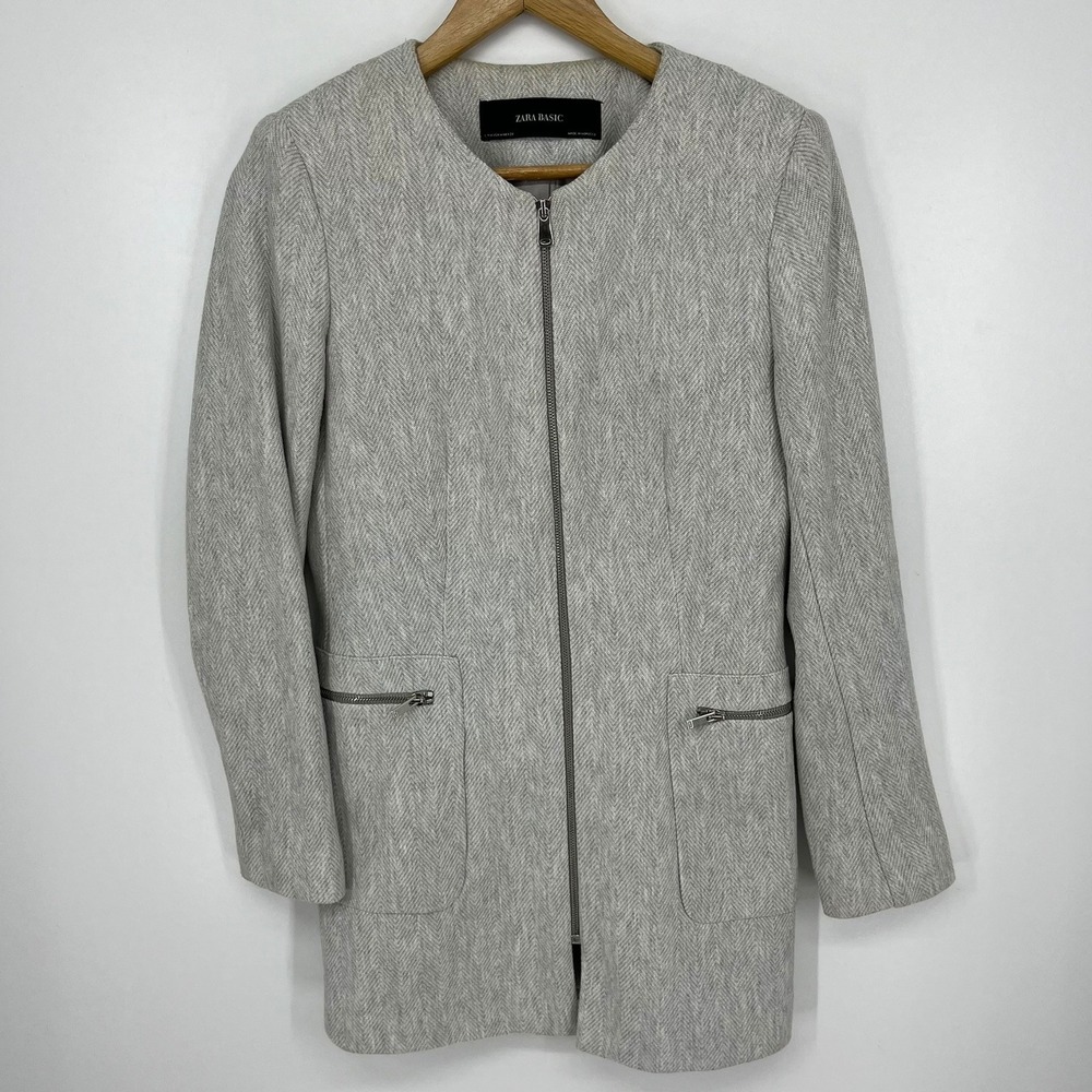 Zara Basic Womens Grey Herringbone Longline Collarless Zip Front Coat Size M